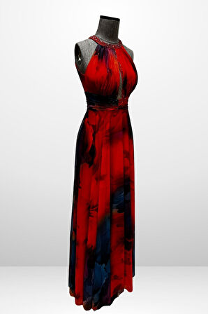 Kadın Önü Drapeli Astarlı Boncuk Detaylı Çiçekli Uzun  Şifon Elbise