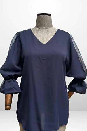 V Yaka Yarı Organze Krep B.B. Bluz