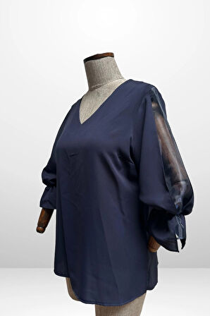 V Yaka Yarı Organze Krep B.B. Bluz