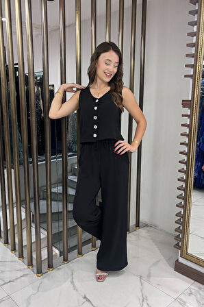 Kadın V Yaka Önü Düğmeli Bluz Beli Lastikli Cepli Palazzo Pantolon Ayrobin 2'li Takım