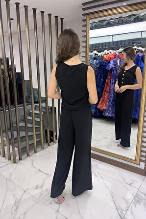 Kadın V Yaka Önü Düğmeli Bluz Beli Lastikli Cepli Palazzo Pantolon Ayrobin 2'li Takım