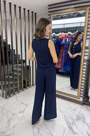 Kadın V Yaka Önü Düğmeli Bluz Beli Lastikli Cepli Palazzo Pantolon Ayrobin 2'li Takım