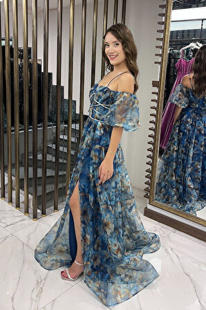 Kadın İnce Askılı Düşük Kollu Astarlı Önü Biye Detaylı Çiçekli Organze Uzun Elbise