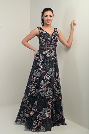 Kadın V Yaka Kalın Askılı Beli Dekolteli Nakışlı Uzun Kloş Elbise