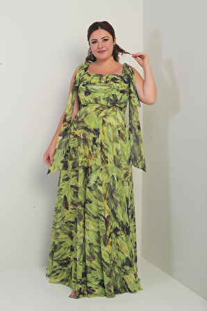 Kadın Degaje Yaka Omuz Bağlamalı Astarlı Yaprak Desenli Büyük Beden Krep Şifon Uzun Elbise