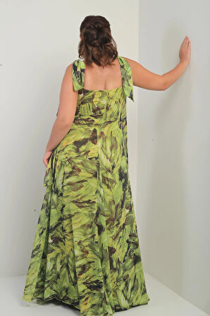 Kadın Degaje Yaka Omuz Bağlamalı Astarlı Yaprak Desenli Büyük Beden Krep Şifon Uzun Elbise