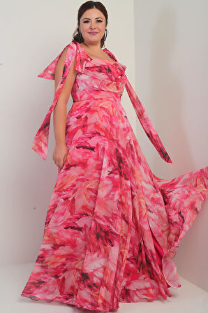 Kadın Degaje Yaka Omuz Bağlamalı Astarlı Yaprak Desenli Büyük Beden Krep Şifon Uzun Elbise