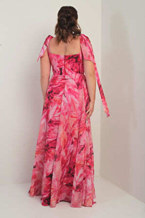 Kadın Degaje Yaka Omuz Bağlamalı Astarlı Yaprak Desenli Büyük Beden Krep Şifon Uzun Elbise