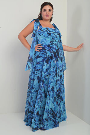 Kadın Degaje Yaka Omuz Bağlamalı Astarlı Yaprak Desenli Büyük Beden Krep Şifon Uzun Elbise