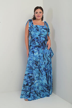 Kadın Degaje Yaka Omuz Bağlamalı Astarlı Yaprak Desenli Büyük Beden Krep Şifon Uzun Elbise