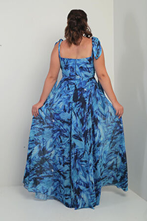 Kadın Degaje Yaka Omuz Bağlamalı Astarlı Yaprak Desenli Büyük Beden Krep Şifon Uzun Elbise