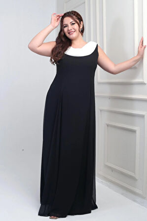 Kadın Degaje Yaka Arkası Taş Detaylı Volanlı Astarlı Büyük Beden Uzun Şifon Elbise