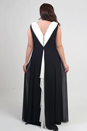 Kadın Degaje Yaka Arkası Taş Detaylı Volanlı Astarlı Büyük Beden Uzun Şifon Elbise