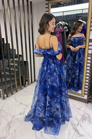 Kadın İnce Askılı Düşük Kollu Balenli Önü Drapeli astarlı Çiçekli Organze Uzun Elbise