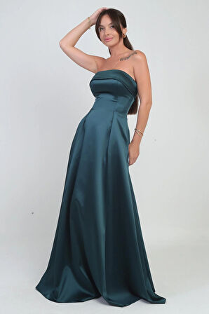 Kadın Straplez Astarlı Cepli Uzun Saten Abiye Elbise