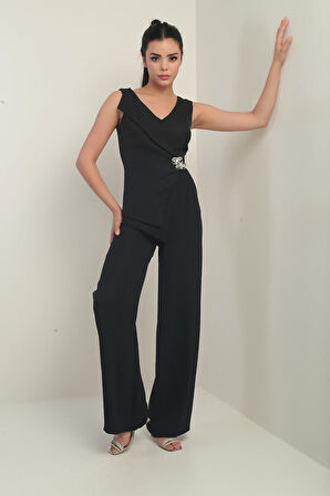 Kadın Ön Arka V Yaka Üst Yelek Görünümlü Bol Paça Tulum