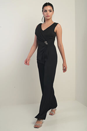 Kadın Ön Arka V Yaka Üst Yelek Görünümlü Bol Paça Tulum