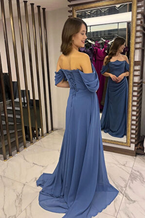 Kadın Düşük Kollu Balenli Astarlı Pelerinli Şifon Uzun Elbise