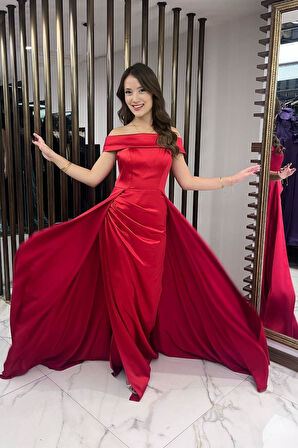 Kadın Madonna Yaka Önü Büzgülü Astarlı Pelerinli Saten Uzun Elbise