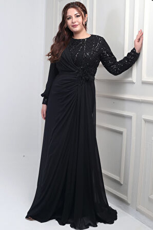 Kadın Üstü Pul-Boncuk İşlemeli Astarlı Beli Çiçekli Büyük Beden Uzun Şifon Elbise