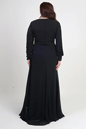 Kadın Üstü Pul-Boncuk İşlemeli Astarlı Beli Çiçekli Büyük Beden Uzun Şifon Elbise