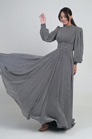 Kadın Önü Drapeli Benekli Uzun Şifon Elbise