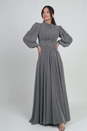 Kadın Önü Drapeli Benekli Uzun Şifon Elbise