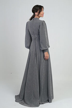 Kadın Önü Drapeli Benekli Uzun Şifon Elbise