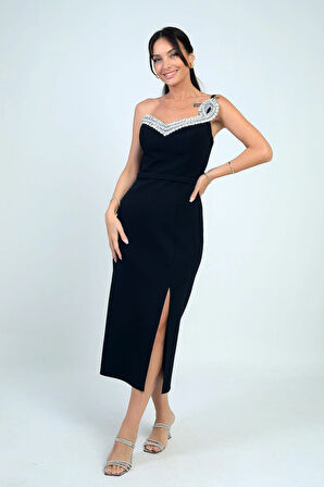 Kadın İnce Tek Askılı Taş Detaylı Balenli Krep Midi Elbise