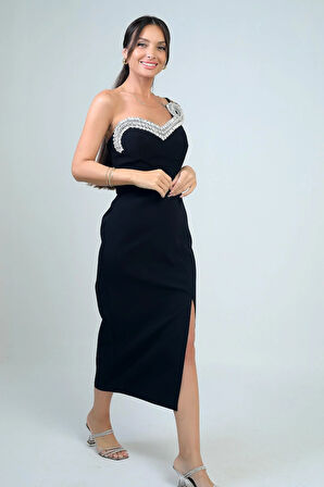 Kadın İnce Tek Askılı Taş Detaylı Balenli Krep Midi Elbise