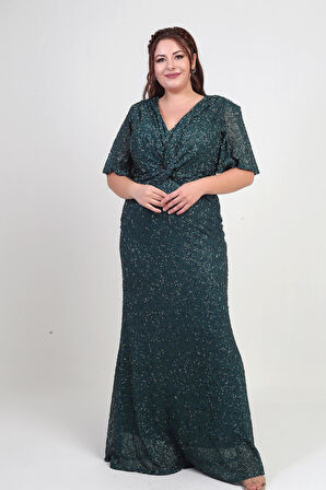 Kadın V Yaka Astarlı Önü Düğüm Detaylı Boru Boncuk İşlemeli Büyük Beden Uzun Elbise