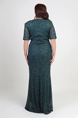 Kadın V Yaka Astarlı Önü Düğüm Detaylı Boru Boncuk İşlemeli Büyük Beden Uzun Elbise