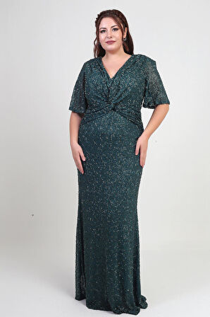 Kadın V Yaka Astarlı Önü Düğüm Detaylı Boru Boncuk İşlemeli Büyük Beden Uzun Elbise