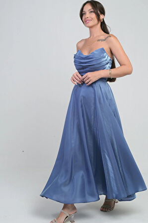 Kadın Degaje Straplez Yaka Astarlı Organze Saten Midi Elbise