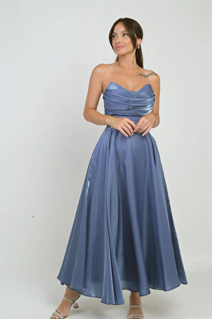 Kadın Degaje Straplez Yaka Astarlı Organze Saten Midi Elbise