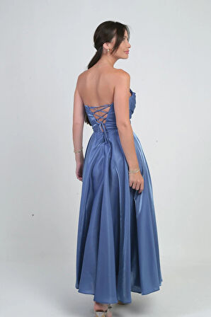 Kadın Degaje Straplez Yaka Astarlı Organze Saten Midi Elbise