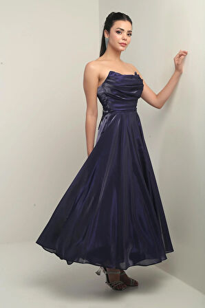 Kadın Degaje Straplez Yaka Astarlı Organze Saten Midi Elbise