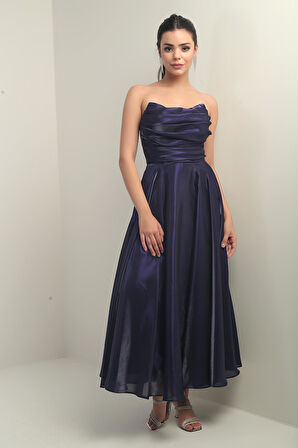 Kadın Degaje Straplez Yaka Astarlı Organze Saten Midi Elbise