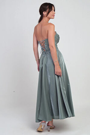 Kadın Degaje Straplez Yaka Astarlı Organze Saten Midi Elbise