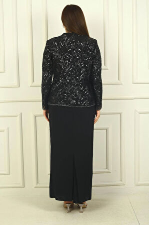 Kadın Pul İşlemeli Boncuk Detaylı Tül Ceket Yarım Ay Kollu Uzun Elbise Astarlı Krep Büyük Beden 2'li Takım