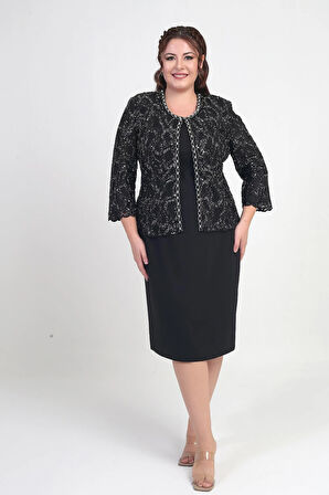 Kadın Kolsuz Elbise Pul İşlemeli Tül Ceket Boncuk Detaylı Astarlı Büyük Beden 2'li Takım