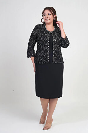 Kadın Kolsuz Elbise Pul İşlemeli Tül Ceket Boncuk Detaylı Astarlı Büyük Beden 2'li Takım