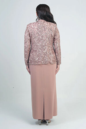 Kadın Pul İşlemeli Boncuk Detaylı Tül Ceket Yarım Ay Kollu Uzun Elbise Astarlı Krep Büyük Beden 2'li Takım