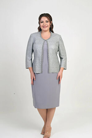 Yaka Taşlı Astarlı Krep Elbise Pulpayet Ceket Büyük Beden İkili Takım
