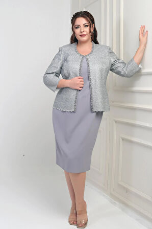 Yaka Taşlı Astarlı Krep Elbise Pulpayet Ceket Büyük Beden İkili Takım