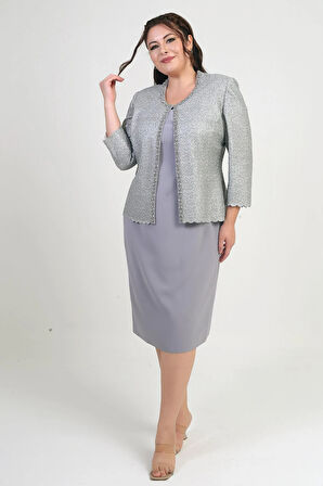 Yaka Taşlı Astarlı Krep Elbise Pulpayet Ceket Büyük Beden İkili Takım