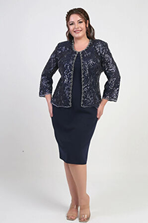 Kadın Pul İşlemeli Boncuk Detaylı Tül Ceket Yarım Ay Kollu Kısa Elbise Astarlı Krep Büyük Beden 2'li Takım