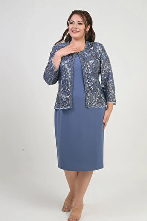 Kadın Pul İşlemeli Boncuk Detaylı Tül Ceket Yarım Ay Kollu Kısa Elbise Astarlı Krep Büyük Beden 2'li Takım