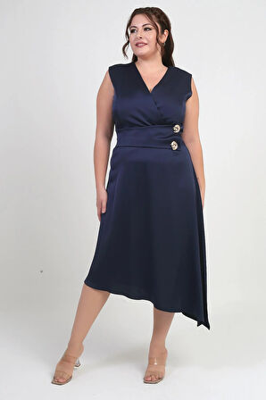 Kadın Kruvaze Yaka Düğme Detaylı Asimetrik Büyük Beden Krep Saten Elbise