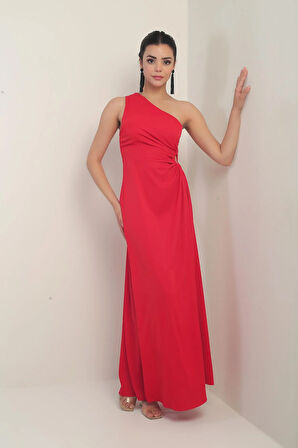 Kadın Tek Omuz Yan Pencere Detaylı Uzun Krep Saten Elbise